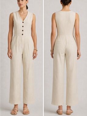 Monteau Los Angeles Linen Blend Pinstripe Vest Jumpsuit Size Medium Wide Leg